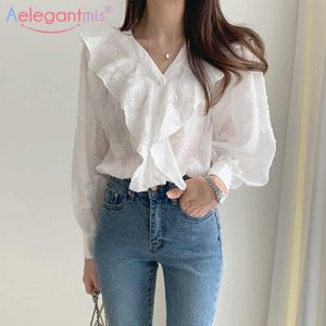 AELEGANTMIS Wiosna Jesień Chic Biały Szyfonowa Koszula Kobiety V-Neck Potargowane Dorywczo Topy Panie Baggy Bluzka Elegancka Loose 210607