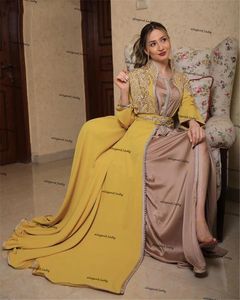 Marokkanisches Kaftan-Arabien-Abendkleid, gelbes Satin, Goldstickerei, algerisches Dubai, Meerjungfrau, Abschlussball, formelle Kleider, Langarm, 2021