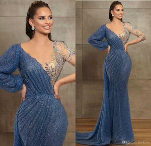 Blue Evening Gowns Sheer Jewel Neck Beaded Lace Long Sleeve Mermaid Prom Dress Sweep Train Custom Made Illusion Robes De Soirée