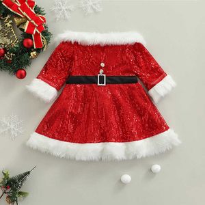 Noel Çocuklar Pullu Elbise Uzun Kollu Kapalı Omuz Rhinestone Elbise Bel Kemeri Çocuk Giyim G1026 Ile