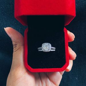 Bröllopsförlovning Ringar Set för Kvinnor Par Square Silver Color Cubic Zircon Birde Ring Bländande Mode Smycken SR531 M