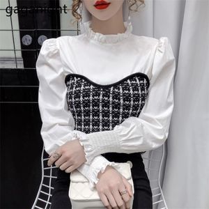 Fashion Women Patchwork Blouse Manga Longa O Pescoço Camisa Formal Chic Coreano Blusas Escritório Senhora Senhora Outwear Tops 210601