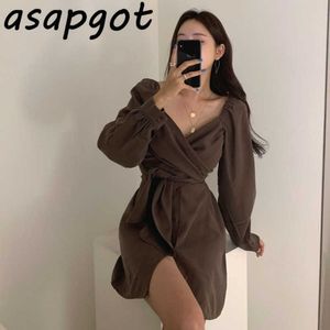 Elegant V-Neck Cross Lace Up Bröst Wrap Slim A-Line Vintage Spring Bow Solid Casual Single-breasted T Shirts Dress Women Mini 210610