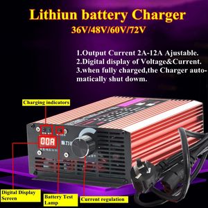 Caricabatterie intelligente 24v 36V 48V 60V 72V 12A 2-12A Regolabile con display a led per batteria agli ioni di litio Lifepo4