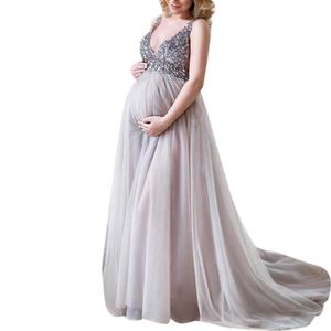 Sexy Women Pregnant Sling V Neck Sequin Cocktail Long Maxi Prom Gown Dress Maternity Photography Long Dress Pregnancy Dress Q0713