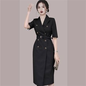 Elegant Office Wear Pencil Dress Women's Double breasted Sheath Dresses Business Bodycon Vestidos Summer 210603