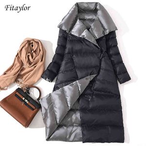 Fitaylor 여성 이드 양면 긴 재킷 겨울 Turtleneck 화이트 오리 코트 브레스트 따뜻한 파커 스노우 outwear