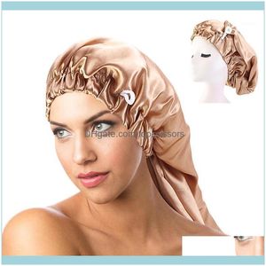 Aessories & Tools Productslong Satin Bonnet Sleep Cap With Button High Elastic Hair Band Night Care Nightcap For Women Men Chemo1 Drop Deliv