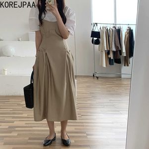 Korejpaa Frauen Sets Sommer Koreanische Chic Damen Französisch Rundhals Puff Sleeve Shirt Zwei-Taschen Design Glänzend Hosenträger Kleid 210526