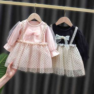 Jumping Moldores Primavera Bonito Bowknot Point Manga Longa Meninas Vestido Redondo Pescoço Net-fio Crianças Algodão Vestidos Casuais 1-4Years G1215