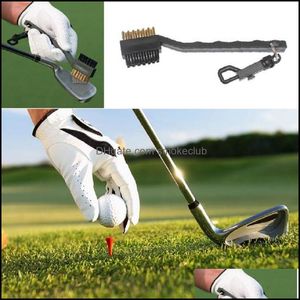 Sport Outdoors Golf Training Aids Minuble Side Brass + Nylon Club Head Groove Cleaner Brush Rengöringsverktyg Kit med Hanger AessoriesProps