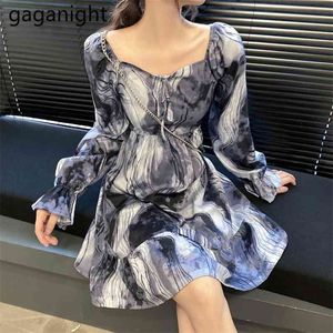 Vintage Tie Dye Printting Dress Women Flare Long Sleeve High Waist Mini Dresses Sexy Spring Female Ruffles Streetwear 210601