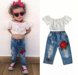 Baby Girl Clothing Set Summer Shoulder Lace Hollow Top + Butterfly Embroidery Jeans Set