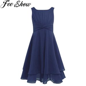 4-14Y Hot Selling Navy Blue Toddler Girls Chiffon Knotted Waist Ruched Flower Girl Summer Dress Mint Green kids clothes 6colors Q0716
