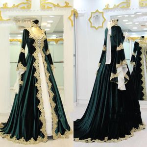 Vintage Green And White Evening Dresses With Gold Lace Applique Long Sleeves Veet Sweep Train Custom Made Prom Party Gown Dubai Plus Size Vestidos