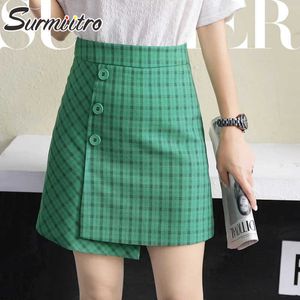Surmitro Vintage Moda Lato Green Plaid Mini Spódnica Kobiety Koreański Styl Nieregularny Linia Wysoka talia Spódnica Kobieta 210712