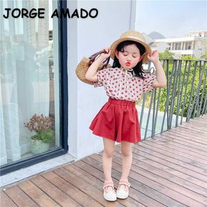 Ragazze estive per bambini in stile coreano Set da 2 pezzi Camicie con colletto Peter Pan a pois + Gonne rosse Vestiti carini per bambini E3032 210610