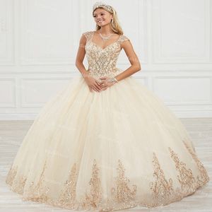 Rose Gold Cekiny Quinceanera Dresses 2021 Open Back Ball Suknia Szampana Sweet 16 Sukienka Urodziny Masquerade Formalne Party Prom Suknie Vestidos DE 15 Años