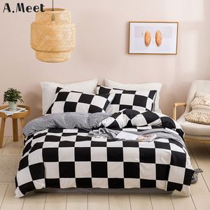 Black and White Bedding Set Grid Lugares de Linho Linho Simples Verão Duvet Sets Cobertura Rei tamanho Conforter Rainha Quarto Twin Luxo 210309