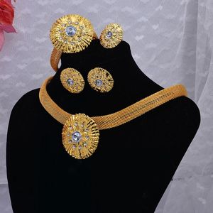 Orecchini Collana Set di gioielli in oro 24 carati di Dubai per donna Set di bracciali per anelli da donna con zirconi da sposa africani da sposa