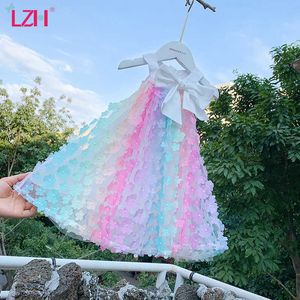 Lzh sommar mode blomma klänning för barnkläder regnbåge klänning för tjejer kläder båge barn kostym 2021 baby tjejer klänningar Q0716