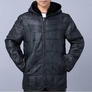 古典的な革のジャケット男性の防風完全シープスキン並ぶジャケット暖かいファッションカジュアル本物の自然の毛皮のコートフード付きのアウターウェアトップス紳士服