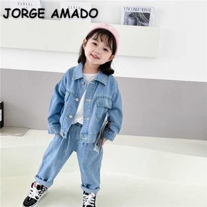 Spring Baby Girl 2-шт. Наборы длинные рукава джинсовая куртка + джинсы повседневные стиль детская одежда E6058 210610