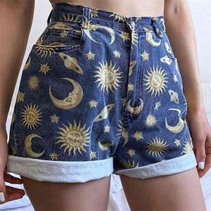 Kvinnors Denim Shorts Fit Planet Printed Mönster Kvinnor Pant Skola Lös Streewear Sun Star Dames Jeans 210719