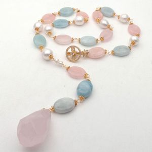 YYGEM Collana con ciondolo in quarzo rosa multicolore con perle bianche d'acqua dolce multicolore 28''