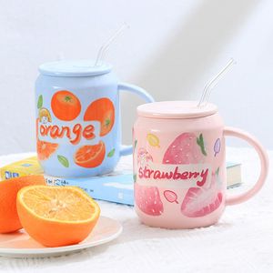 Mugs Kawaii Strawberry Coffee Cup Ceramic Original Creative Tea Milk Juice Beer Water With Straw Lid Drinkware Gift