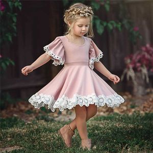 Kids Baby Girls clothes Lace Princess round neck short sleeve Geometry Toddler cotton casual newborn Party Dresses one pieces Q0716