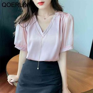 V Neck Short Sleeve Chiffon Shirt Sommar Loose Pearl Beading Chain Blouse Plus Size Pink Tops Office Ladies 210601