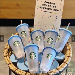 Starbucks 24oz/710ml Regenbogen-Kunststoffbecher, wiederverwendbar, durchsichtige Trinkbecher mit flachem Boden, Säulenform-Deckel, Strohbecher, Bardian