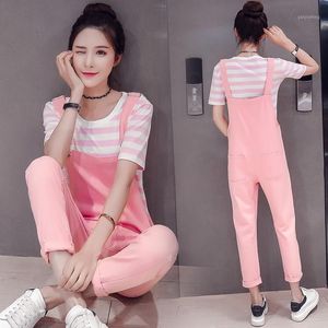 Wholesale two strips for sale - Group buy Summer Two Piece Set Women Stripped T Shirts Wide Leg Pants Vocation Dungarees Long Denim Trousers Suit S120 Women s Tracksuits