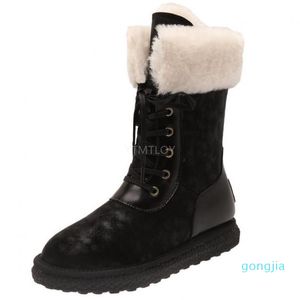 Wholesale-Boots Real Sheepskin Suede Leather Women Winter For Snow Wool Fur Lined Warm Shoes Waterproof Cross-tied Botas Altas Mujer