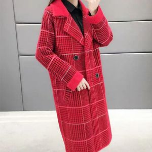 Women's Wool Imitation Mink Velvet Coat Women New Long Woolen Coats Autumn Winter Thick Loose Warm k Plaid Overcoat Abrigo Mujer