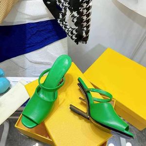 new net red one letter metal heel high-heeled Sandal special-shaped fish mouth sandals Baotou slippers women's shoes