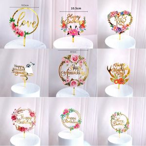 Blommor Grattis på födelsedagen tårta topper blommig färg tryckt akryl cupcake toppers födelsedagsfest bröllop mödrar dag