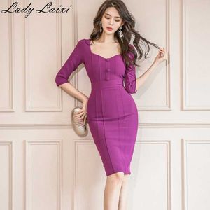 Summer Solid Bodycon Women Bandage Dresses Knee Length Sexy Square Neck 3/4 Sleeve Party work wear Pencil Dress 210529