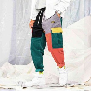 Mężczyźni Spodnie Cargo Streetwear 2021 Splicing Drukuj Hip Hop Jeans Moda Corduroy Splicing Multi-Craft Harajuku Spodnie Moda H1223