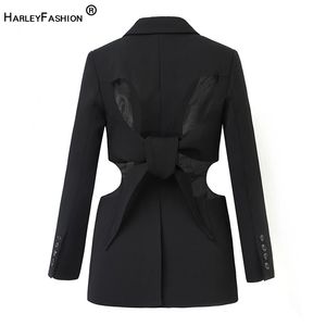 HarleyFashion European Designer Streetwear Top Quality Elegante Backless Lace-UP Nero Loose Fashion Blazer lungo Giacche da donna 211122