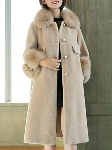 Pele feminina do falso ovelha shearling jaqueta casacos de lã real luxo gola natural longo casaco de inverno quente 3922