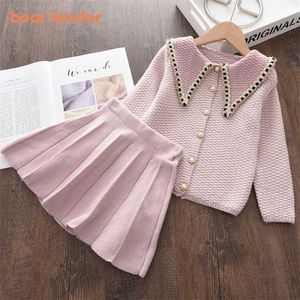 Bear Leader Girls Baby Winter Knitted Clothes Sets Fashion Kids Elegant Plaid Sweaters Tops And Skirt Outfits Princess Knitwear 211021
