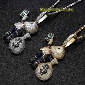 New European and American hip-hop CZ diamond inlaid pendant hand holding dollar bills bald boy beautiful money bag colored diamond pendant