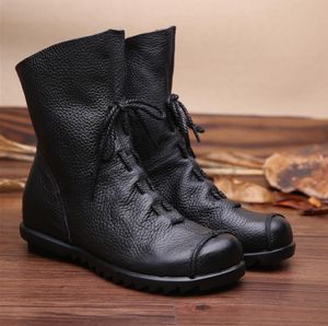 Vintage Style Genuine Leather Women Boots Flat Booties Soft Cowhide Women's Shoes Front Zip Ankle Boots