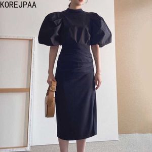 Korejpaa Kobiety Dress Sets Summer Chic Cool Stand Stand Collar Sleeve Sleeve Shirt and High Waist Slim Plised Split Skirt Suit 210526