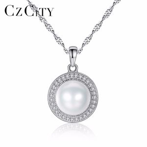 CZCITY シルバーチェーンペンダントネックレス女性用9 mm完璧な天然淡水真珠のネックレスファインジュエリー卸売Q0531