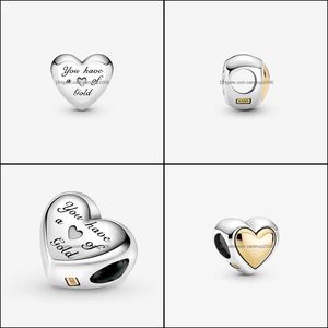 Charms smyckesfyndkomponenter 100% 925 Sterling Sier Kupoled Golden Heart Charm Fit Original European Armband Fashion Aessory Drop D