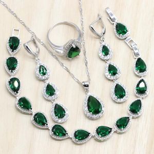 Earrings & Necklace Silver Color Jewelry Sets Green Cubic Zircon Long Earrings/Pendant/Necklace/Ring Heart Bracelet For Women Free Gift Box