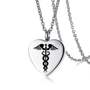 Cremation Urn Memorial Smycken Silver Heart Caduceus Angel Nursing Tema Hängsmycke Halsband Man och Kvinnor Halsband Keepsake